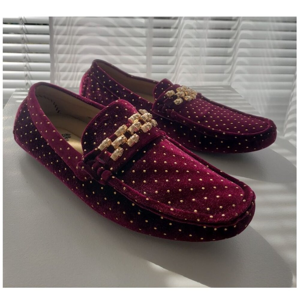 Mens Royal Loafers Velvet Shoes Burgundy and Gold Size 9